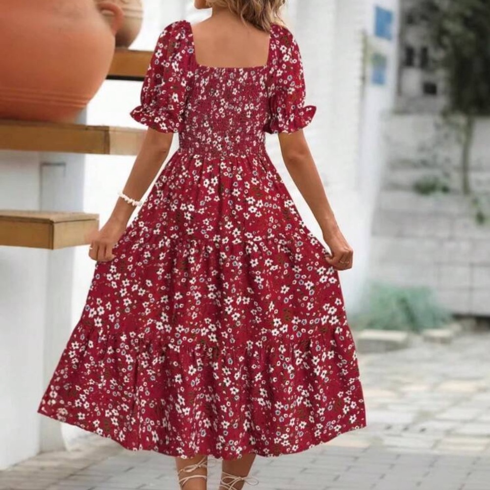 Black Floral Midi Dress with Smocked Bodice - Picture 6 of 9